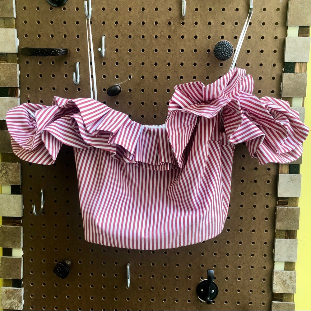 Wayf Red & White Striped Off the Shoulder Crop Top